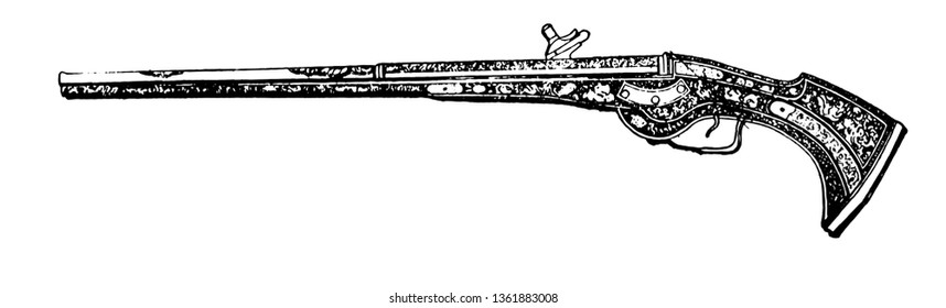 French Gun Of The Eighteenth Century Used At The Time Of The French And Indian War, Vintage Line Drawing Or Engraving Illustration.