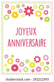 French Happy birthday greeting card vector with summer colors and flowers text outlined version 10