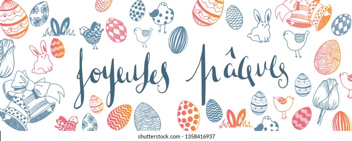 French happy easter doodles full vector large banner