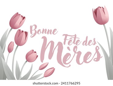 French Happy Mothers Day Bonne Fete Des Meres paper craft or paper cut origami style floral tulip flowers design. With pink tulips background corner frame design elements. 