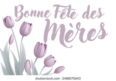 French Happy Mothers Day Bonne Fete Des Meres paper craft or paper cut origami style floral tulip flowers design. With lilac tulips background corner frame design elements. 