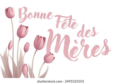 French Happy Mothers Day Bonne Fete Des Meres paper craft or paper cut origami style floral tulip flowers design. With pink tulips background corner frame design elements. 