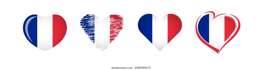 French hearts. Holiday collection. Creative badges, symbols or icons. Flag of France background with isolated clipping mask. Abstract template. Set of heart shapes. Sport or political event sign.