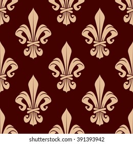 French heraldic floral pattern with seamless ornament of delicate peach fleur-de-lis over maroon background. May be used as interior or wallpaper design