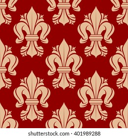 French heraldic lilies seamless pattern with bold ornament of beige fleur-de-lis symbols on red background. Vintage interior accessories, royal theme background or fabric design