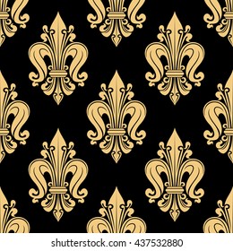 French heraldic seamless floral pattern of yellow fleur-de-lis motif on black background with royal lilies bunches. Use as vintage interior accessories or upholstery design 