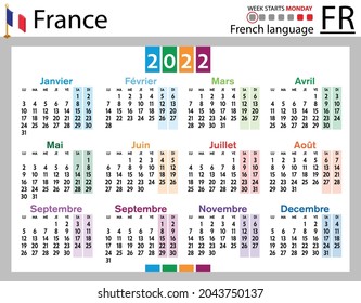 French horizontal pocket calendar for 2022 (two thousand twenty two). Week starts Monday. New year. Color simple design. Vector