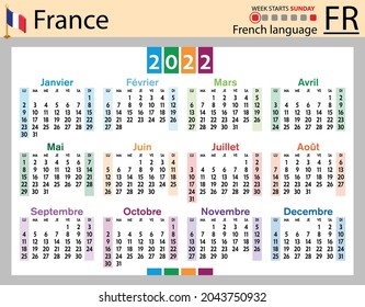 French horizontal pocket calendar for 2022 (two thousand twenty two). Week starts Sunday. New year. Color simple design. Vector
