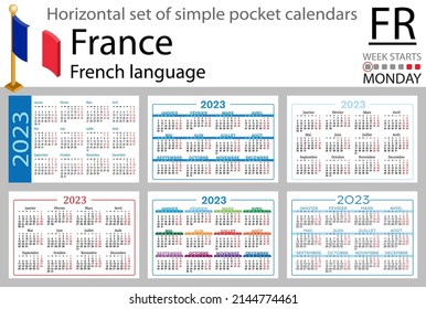 French horizontal pocket calendar for 2023 (two thousand twenty three). Week starts Monday. New year. Color simple design. Vector