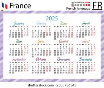 French horizontal pocket calendar for 2025 (two thousand twenty five). Week starts Monday. New year. Color simple design. Vector