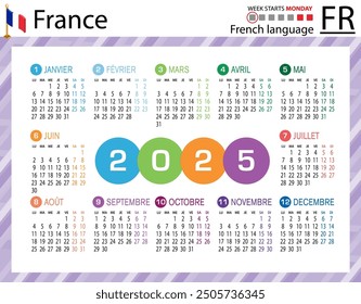 French horizontal pocket calendar for 2025 (two thousand twenty five). Week starts Monday. New year. Color simple design. Vector