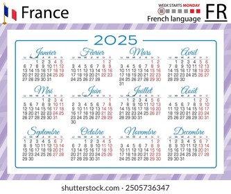 French horizontal pocket calendar for 2025 (two thousand twenty five). Week starts Monday. New year. Color simple design. Vector