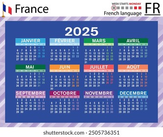 French horizontal pocket calendar for 2025 (two thousand twenty five). Week starts Monday. New year. Color simple design. Vector