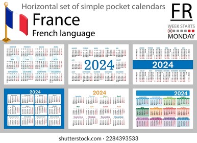French horizontal set of pocket calendar for 2024 (two thousand twenty four). Week starts Monday. New year. Color simple design. Vector
