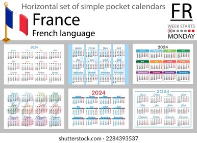 French horizontal set of pocket calendar for 2024 (two thousand twenty four). Week starts Monday. New year. Color simple design. Vector