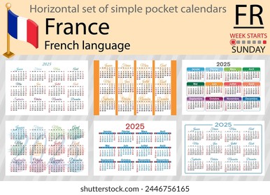 Conjunto Horizontal francés de calendario de bolsillo para 2025 (dos mil veinticinco). La semana empieza el domingo. Nuevo año. Diseño de color simple. Vector