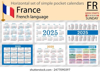 French horizontal set of pocket calendar for 2025 (two thousand twenty five). Week starts Sunday. New year. Color simple design. Vector