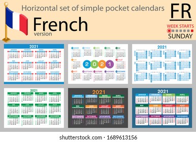 Conjunto horizontal francés de calendarios de bolsillo para 2020 (dos mil veintiún). La semana empieza el lunes. Año nuevo. Diseño sencillo en color. Vector