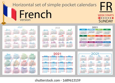 French horizontal set of pocket calendars for 2020 (two thousand twenty one). Week starts Monday. New year. Color simple design. Vector
