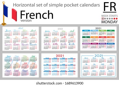French horizontal set of pocket calendars for 2021 (two thousand twenty one). Week starts Monday. New year. Color simple design. Vector