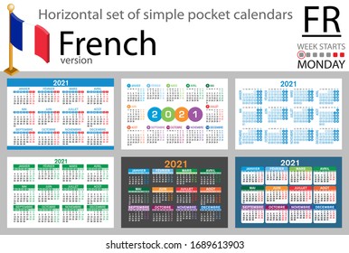 French horizontal set of pocket calendars for 2021 (two thousand twenty one). Week starts Monday. New year. Color simple design. Vector