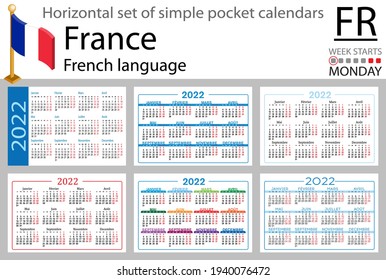 French horizontal set of pocket calendars for 2022 (two thousand twenty two). Week starts Monday. New year. Color simple design. Vector