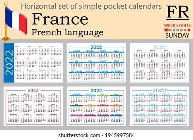 French horizontal set of pocket calendars for 2022 (two thousand twenty two). Week starts Sunday. New year. Color simple design. Vector