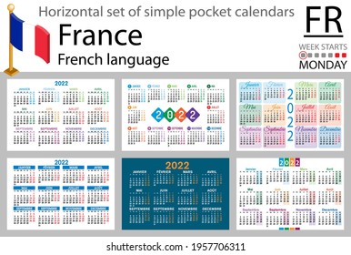French horizontal set of pocket calendars for 2022 (two thousand twenty two). Week starts Monday. New year. Color simple design. Vector