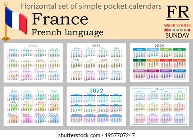 French horizontal set of pocket calendars for 2022 (two thousand twenty two). Week starts Sunday. New year. Color simple design. Vector