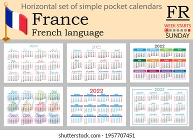 French horizontal set of pocket calendars for 2022 (two thousand twenty two). Week starts Sunday. New year. Color simple design. Vector