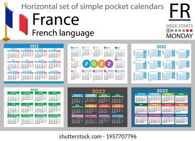 French horizontal set of pocket calendars for 2022 (two thousand twenty two). Week starts Monday. New year. Color simple design. Vector
