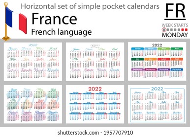 French horizontal set of pocket calendars for 2022 (two thousand twenty two). Week starts Monday. New year. Color simple design. Vector
