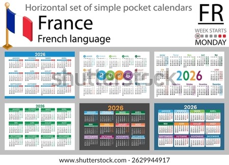French horizontal Set of pocket calendars for 2026 (Two thousand twenty six). Week starts Monday. New year. Color simple design. Vector