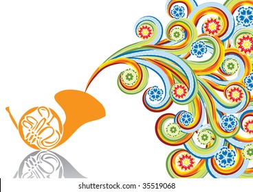 French horn in abstract collage. Format A4. Vector illustration. Isolated groups and layers. Global colors.