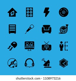 french horn, bookshelf, microphone, manager, eco house, radio, television, tambourine and high voltage vector icon. Simple icons set