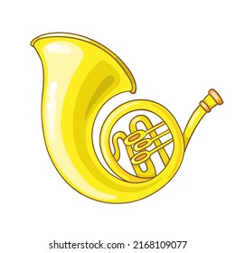 French horn- brass musical instrument. In cartoon style. Isolated on white background. Vector illustration