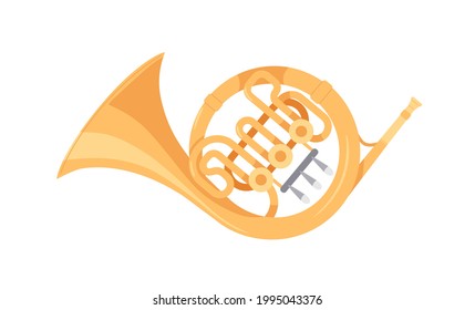 French horn, brass wind music instrument. Classical realistic twisted trumpet. Colored flat cartoon vector illustration isolated on white background