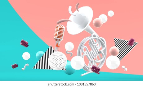 french horn and colorful ball on a green pink background.