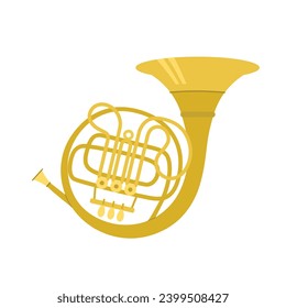 French Horn is a gold-colored brass instrument with three valves on  white isolated background. Vector illustration.