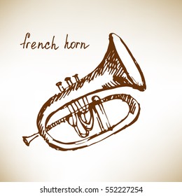French horn. Hand drawn musical instrument. Sketch. Vector illustration.