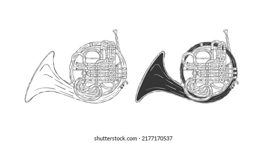 French horn. Hand-drawn French horn. Musical instruments in the drawing style. Vector illustration
