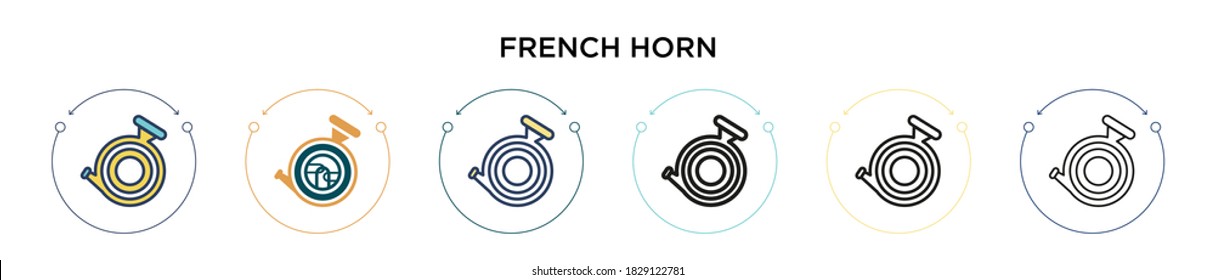 French horn icon in filled, thin line, outline and stroke style. Vector illustration of two colored and black french horn vector icons designs can be used for mobile, ui, web