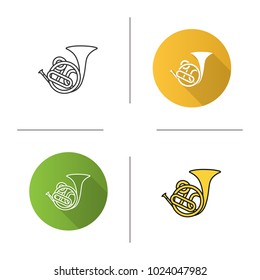 French horn icon. Flat design, linear and color styles. Isolated vector illustrations