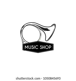 French horn icon. Music store shop logo label. Vector illustration.