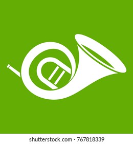 French horn icon white isolated on green background. Vector illustration