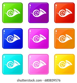 French horn icons of 9 color set isolated vector illustration