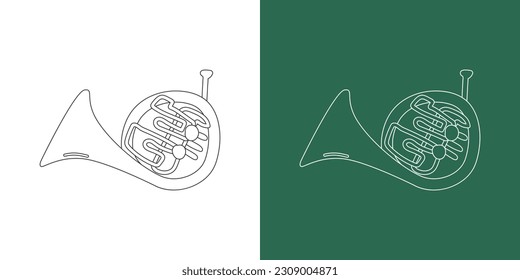 Französischer Horn Linie Zeichnen Cartoon Stil. Messinginstrument Französische Hornklammer Kunstzeichnung im linearen Stil einzeln auf weißem und chalkboard Hintergrund. Konzept für Musik-Blasinstrumentenklammer, Vektordesign