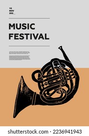 French horn. Music festival poster. Wind musical instruments. Competition. A set of vector illustrations. Minimalistic design. Banner, flyer, cover, print.