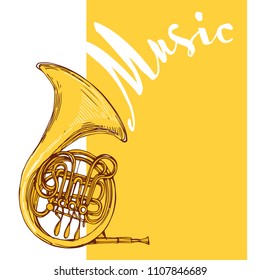 French horn music instrument hand drawn stock vector illustration design template for flyer, poster and invitation