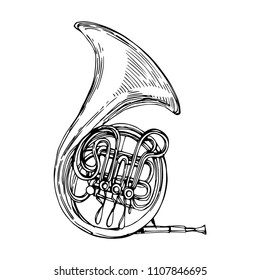 French horn music instrument hand drawn line art stock vector illustration design for coloring book page